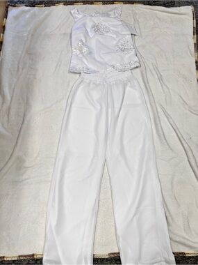 White Embroidered Satin Tank with Wide-Leg Pants Set